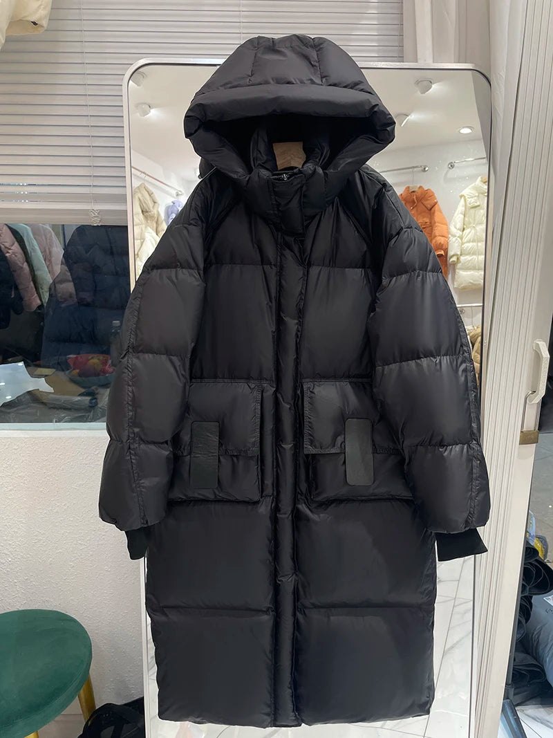 Lagabogy 2025 New Winter Women Puffer Jacket Female White Duck Down Coat Large Version of Warm Hooded Loose Thickened Long Parka