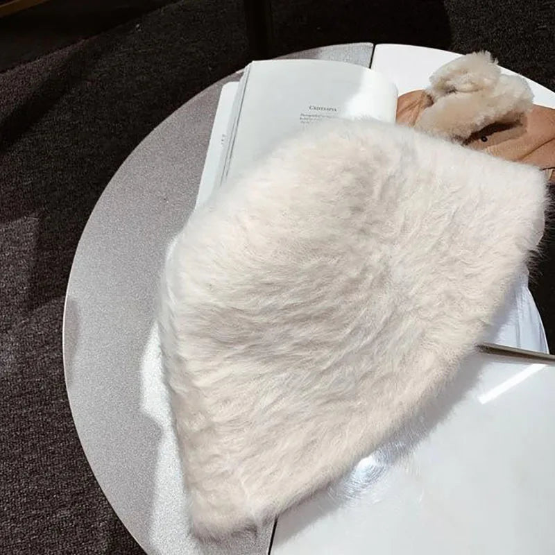 Winter Rabbit Fur Bucket Hat Women Korean Solid Color Warm Fisherman Cap Autumn Thicken Plush Female Windproof Hats