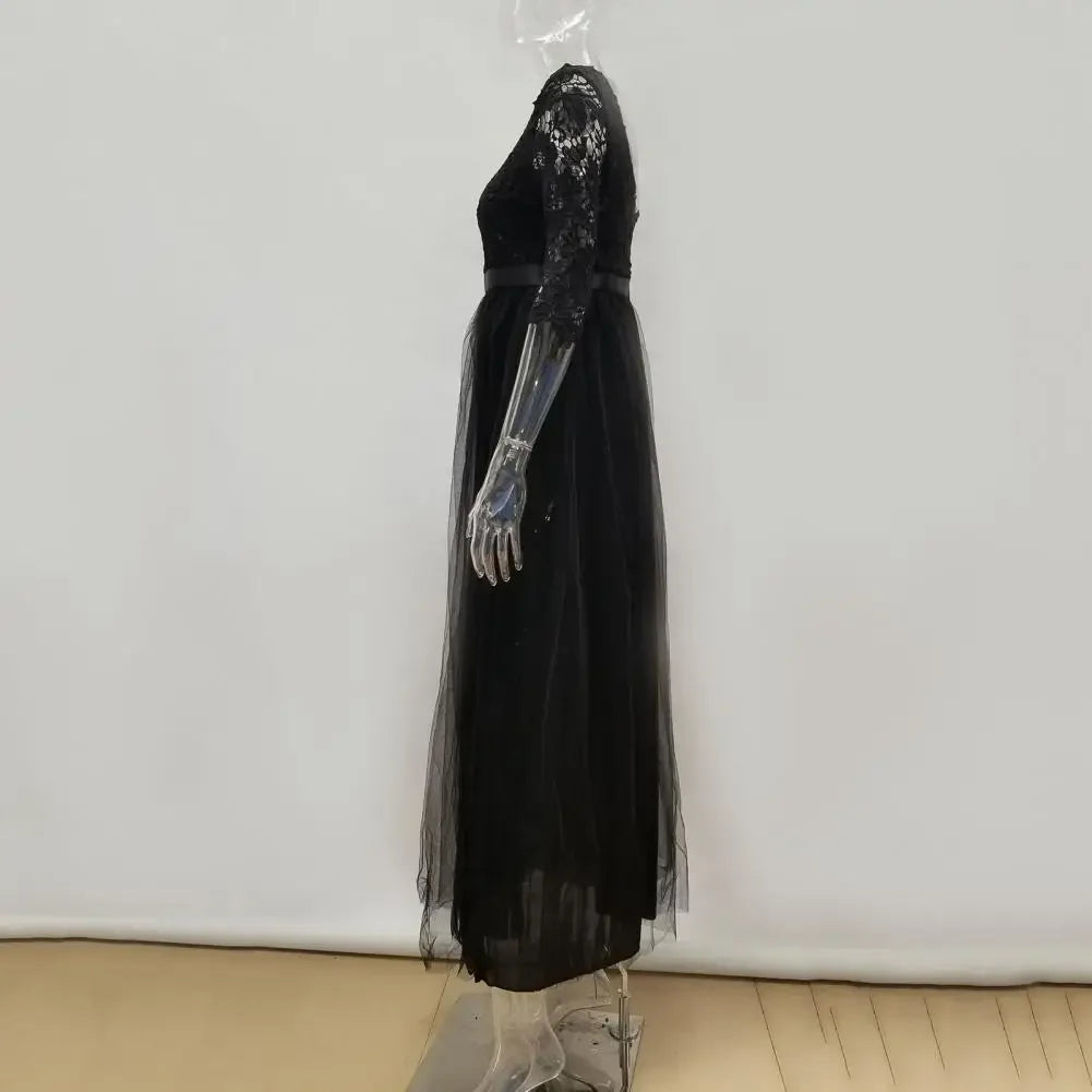 Women Maxi Dress Lace Flower Embroidery Pleated Floor Length Women Chiffon Long Dress Elegant Evening Gown Prom Party Dresses