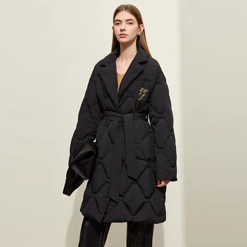 AMII Minimalism Down Jacket For Women 2025 New Blazer Collar Winter Lightweight Thermal Belt Diamond Solid Coat Female 12344061