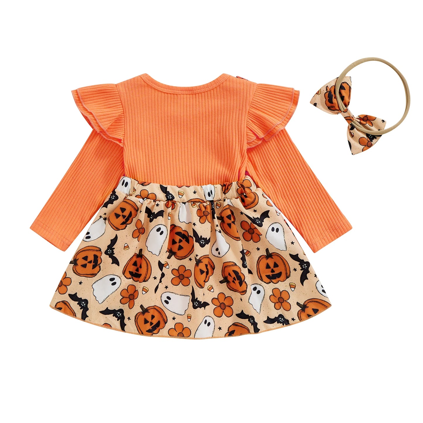 Newborn Baby Girl Halloween Clothes Outfit Pumpkin Ghost Print Long Sleeve Crew Neck Patchwork Romper Dress with Headband