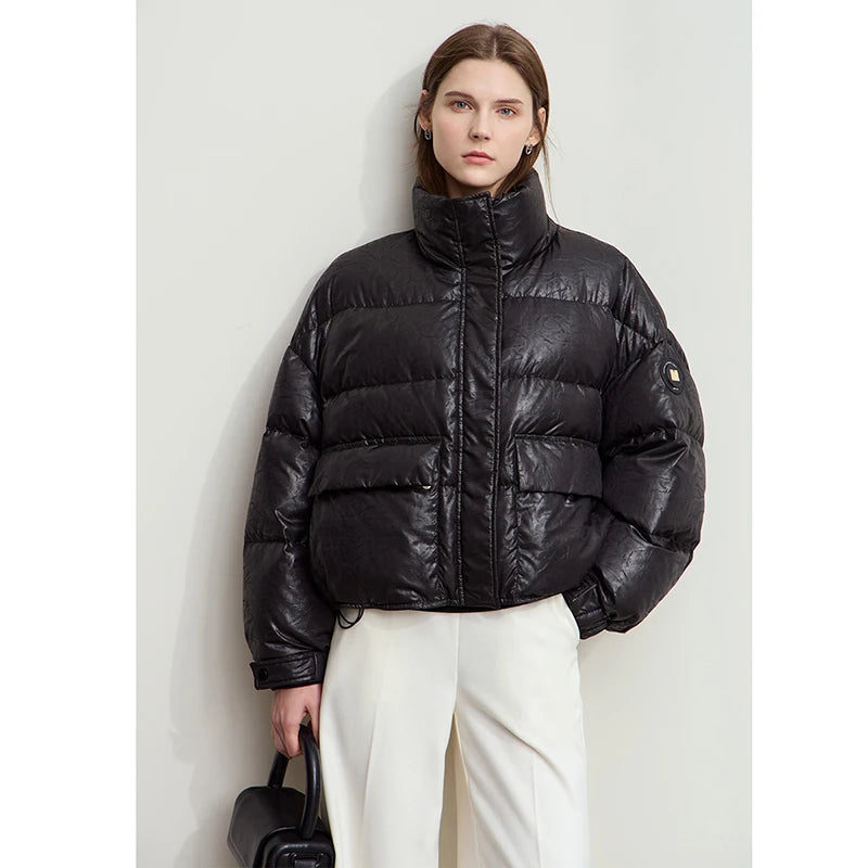 AMII Minimalist Women's Down Coat 2024 Winter Warm Thick Lapel Stand Collar Imitation Leather Duck Down Female Jacket 12444025