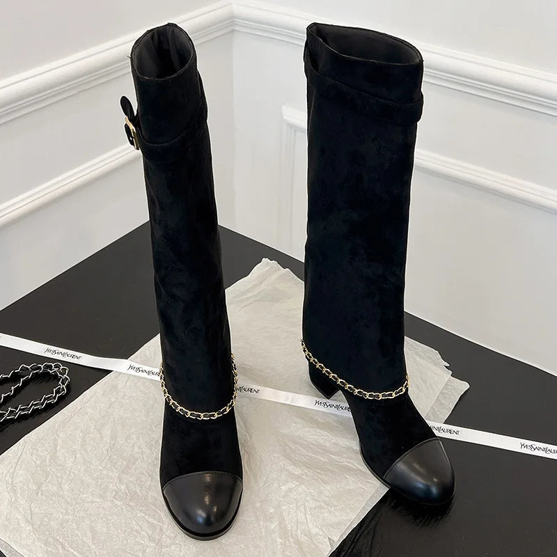 Arden Furtado 2024 Cowhide Mixed Colors Knee high boots Round toe Suede Pull-on Turned-over Edge Chunky heels Modern boots