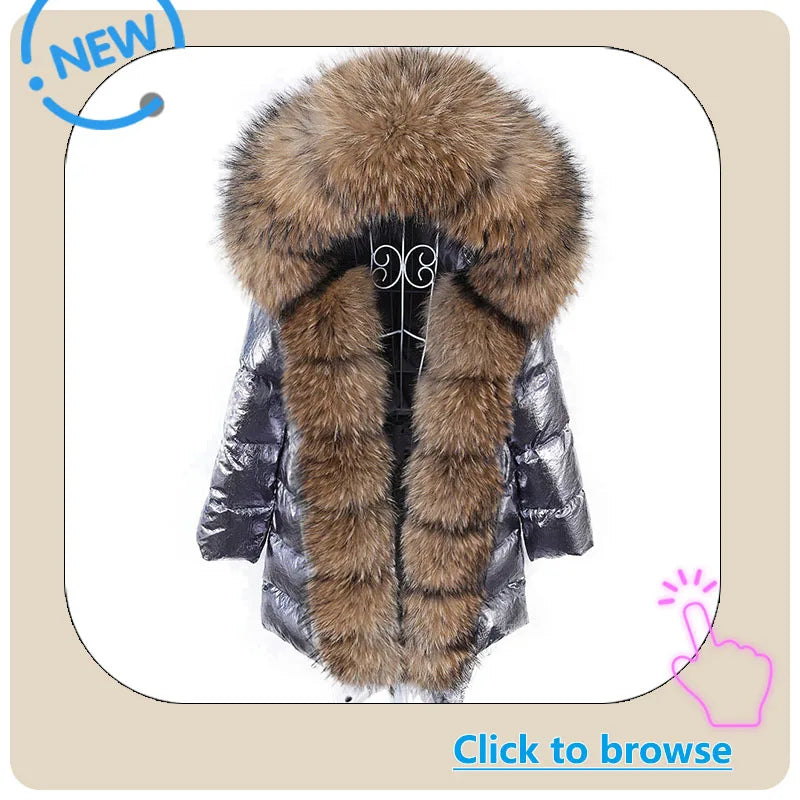 Maomaokong 2022 Women Winter Black Loose Long Down Jacket  Real Fox Fur Collar Hooded Fashion Waterproof Female Extra Large Coat