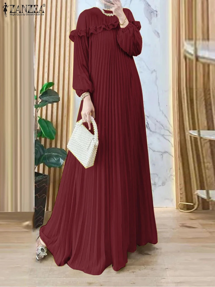 Elegant Autumn Maxi Dresses 2025 ZANZEA Women Fashion Long Sleeve Pleated Party Sundress IsIamic Robe Muslim Abaya Hijab Dress
