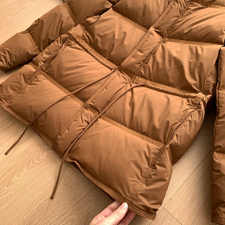 2023 New Autumn Winter Women Fashion Hooded 90% White Duck Down Coat Lady Slim Thick Warm Zipper Drawstring Lace-up Snow Jacket