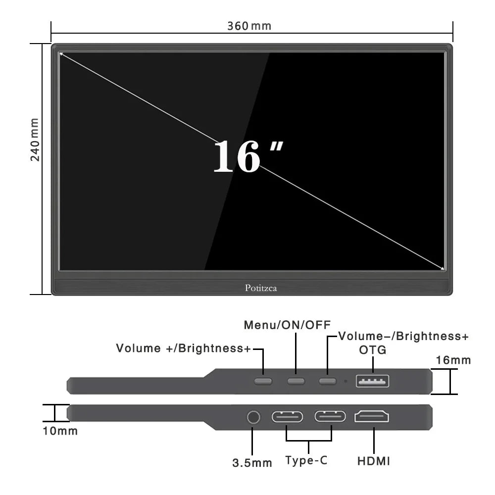 Touchscreen Portable Monitor 16/15.6/14 Inch FULL HD LCD Display IPS Panel Laptop Monitor for PC/Raspberry Pi/Laptop/PS3/4/Xbox