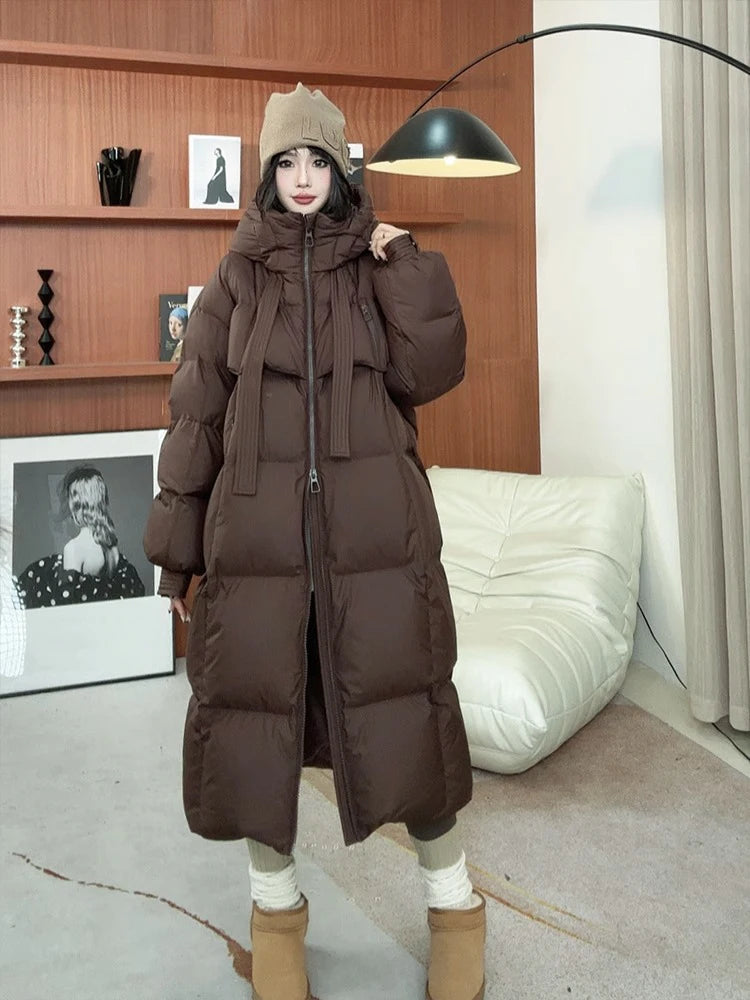 FIGOHR Women's Down Cotton Padded Jackets Korean Thickened Warm Long Overcoat Solid Hooded Overall Topcoat 2024 Winter