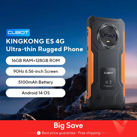 Cubot KingKong ES Ultra-thin Rugged Android Smartphone, 16GB RAM(6GB+10GB), 128GB ROM, 6.56" 90Hz Screen, 48MP Camera, 4G Phone