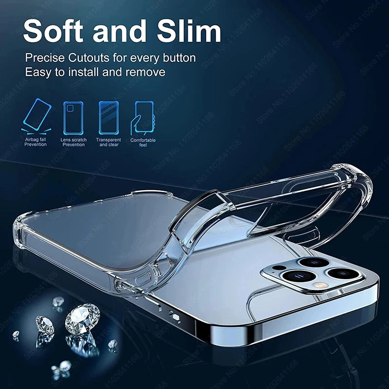 Luxury Shockproof Clear Phone Case For iPhone 16 15 13 12 11 14 Pro Max Mini XR XS 8 Plus Silicone Bumper Transparent Back Cover