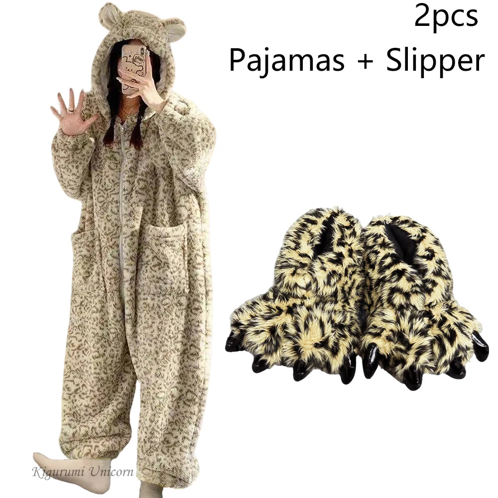 Leopard Hooded Pajamas Animal Kigurumi Unicorn Adult Onesies for Women Winter Sleepwear Flannel Pochets Overall Sets Slippers