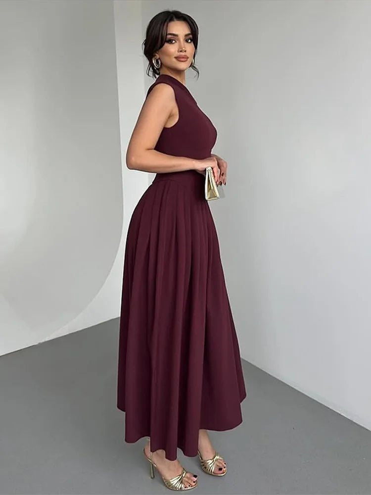 Summer Lady Patchwork Pleated Maxi Dress Chic Elegant Black Half-turtleneck Short Sleeve High Waist Dresses Office Street Robes