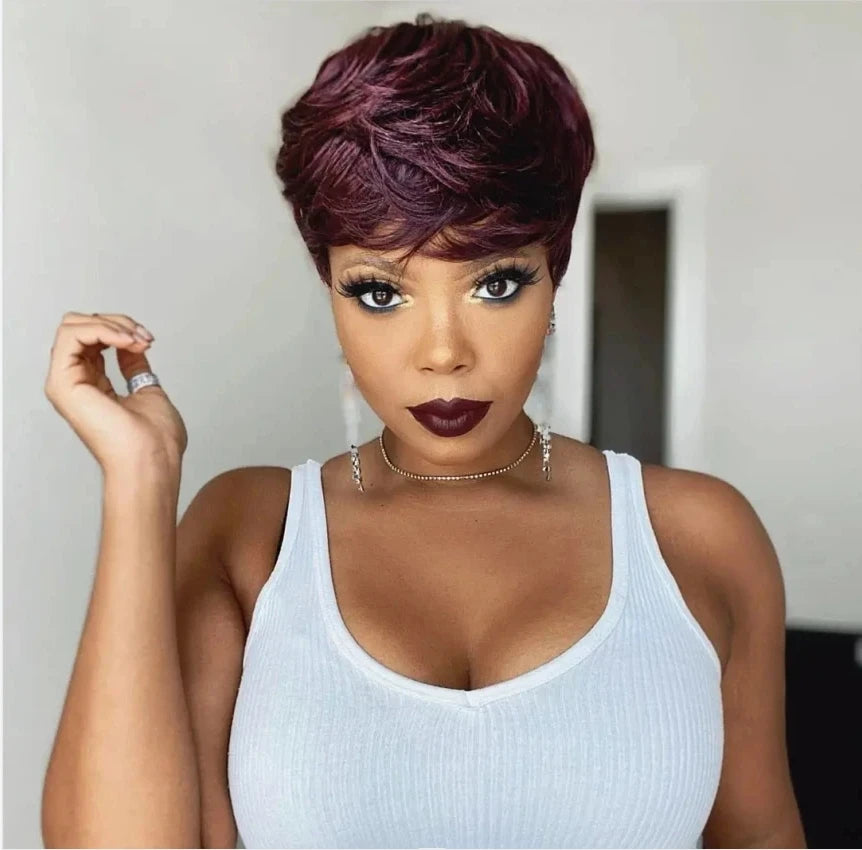 99J Colored Short Straight Bob Pixie Human Hair Wig Full Machine Made For Women Brazilian Remy Hair Burgundy Red Bob Wigs