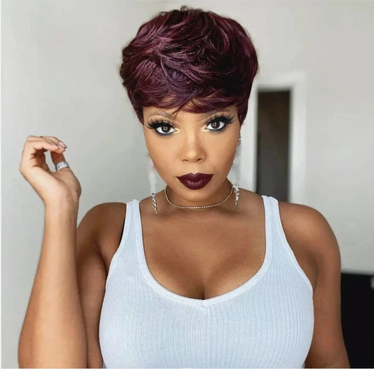 99J Colored Short Straight Bob Pixie Human Hair Wig Full Machine Made For Women Brazilian Remy Hair Burgundy Red Bob Wigs