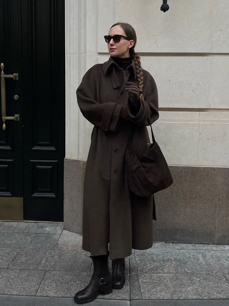 Stand Collar Single Breasted Woolen Lace Up Long Overcoat Women Elegant Full Sleeves Button Pockets Coats New Autumn Winter Tops