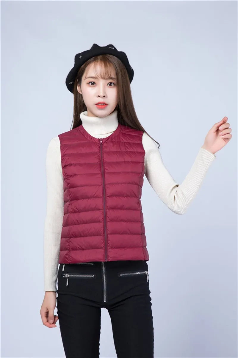 Autumn Winter Women Ultra Light Thin Duck Down Vest Sleeveless O-Neck Zipper Waistcoat Windproof Puffer Female Quilted Jackets