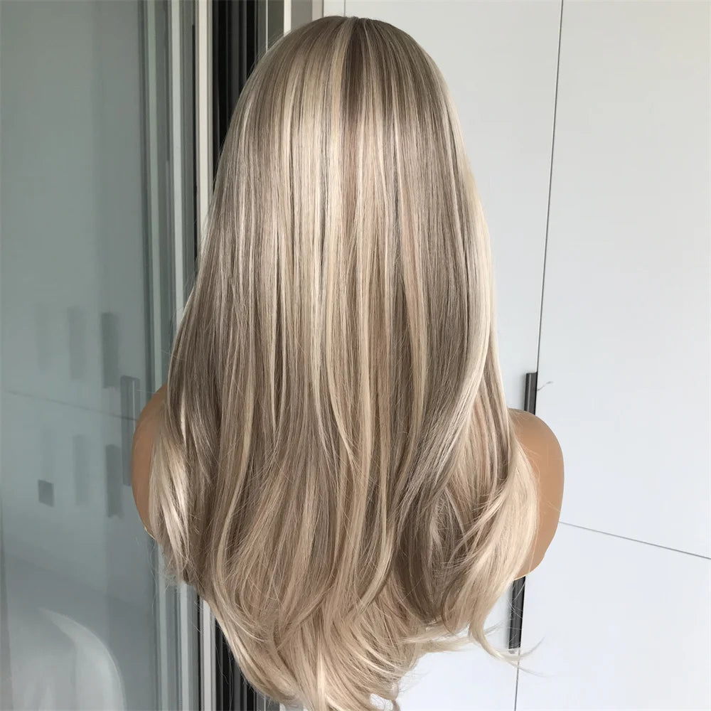 Highlight Honey Blonde Synthetic Lace Front Wig for Women 13x4 Lace Plucked Middle Length 18inch Heat Resistant Fiber Daily Use