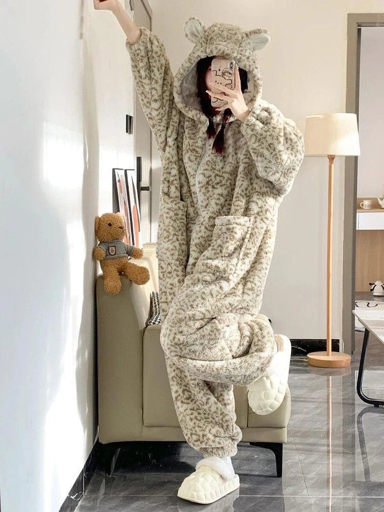 Leopard Hooded Pajamas Animal Kigurumi Unicorn Adult Onesies for Women Winter Sleepwear Flannel Pochets Overall Sets Slippers