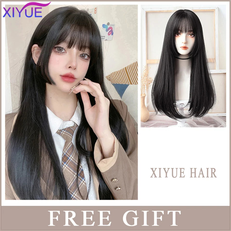 XIYUE Long Straight Black Wig With Bang Synthetic Wigs for Women Heat Resistant Natural Hair for Daily Halloween Cosplay Party