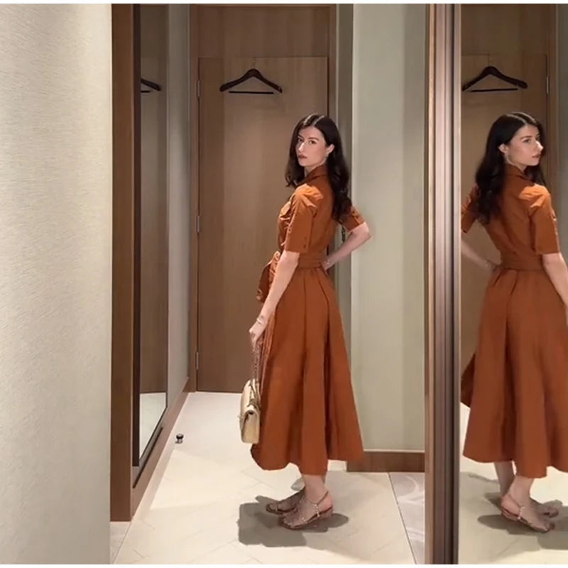 Elegant Single Breasted Khaki Long Dress Women Lapel Short Sleeve Pleat Slim Waist A-line Dresses 2025 Summer Autumn Lady Robes