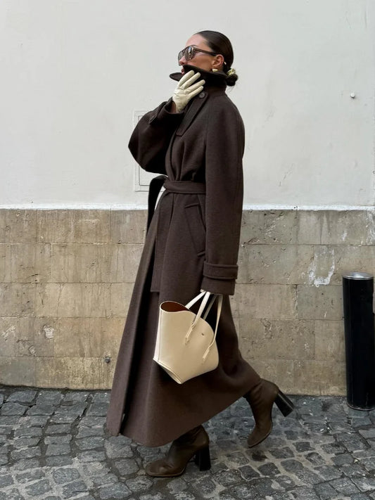 Stand Collar Single Breasted Woolen Lace Up Long Overcoat Women Elegant Full Sleeves Button Pockets Coats New Autumn Winter Tops