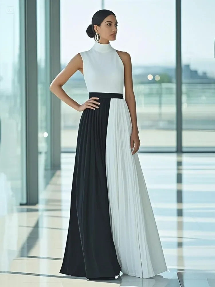 Missuoo 2025 Elegant Evening Dress for Women High Neck Sleeveless Pleated Maxi Dress Contrast Color High Waist Wedding Dresses
