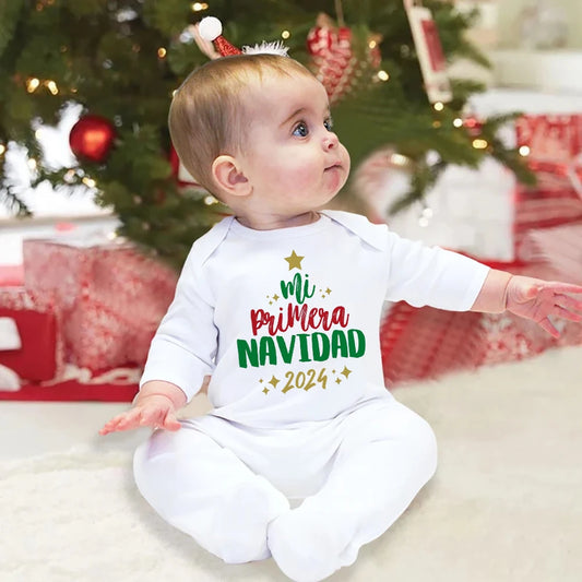 My First Christmas Spanish Print Baby Babygrow Bodysuit Infant Christmas Sleepsuit Newborn Long Sleeve Romper Baby Xmas Clothes
