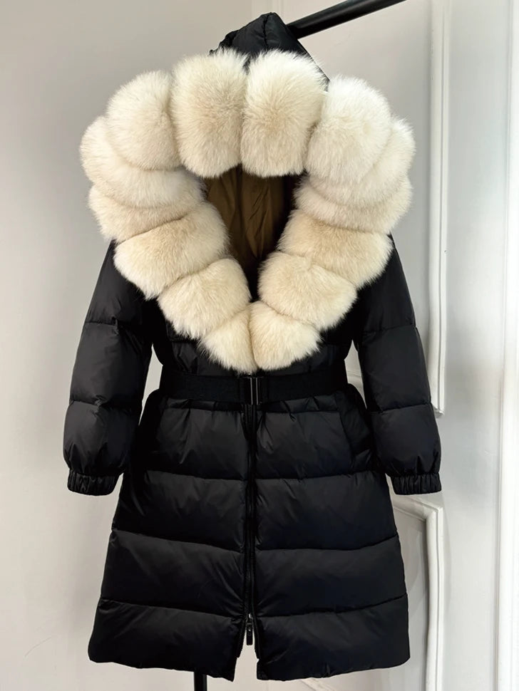 Lagabogy 2025 Winter Puffer Jacket Women Real Fox Fur Hooded Collar Thick Warm Long White Duck Down Coat Loose Luxury Outerwear