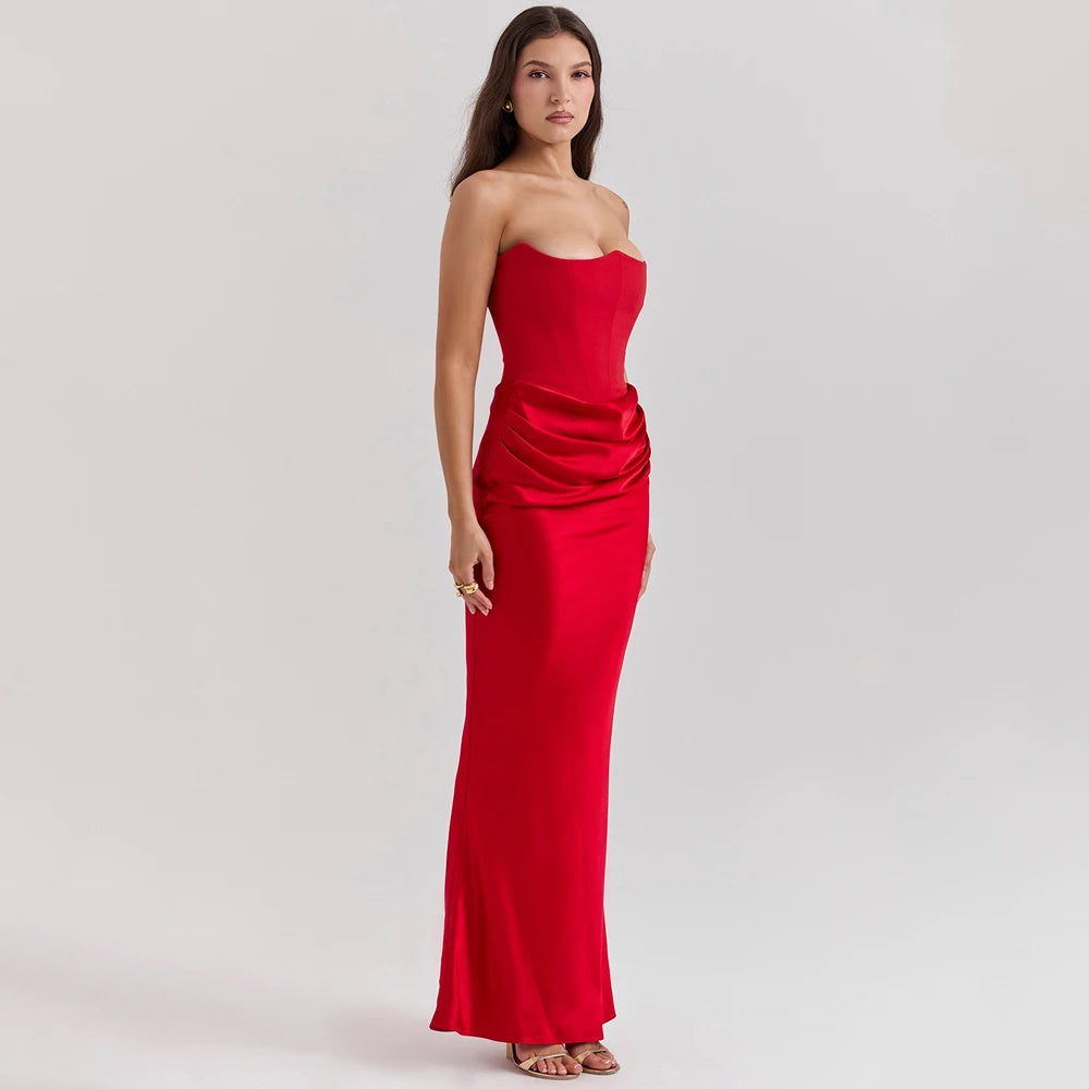Elegant Mermaid Maxi Dress for Women Formal Occasion Prom Gown Strapless Corset Ruched Long Dress Party Evening Dress Lady Robe