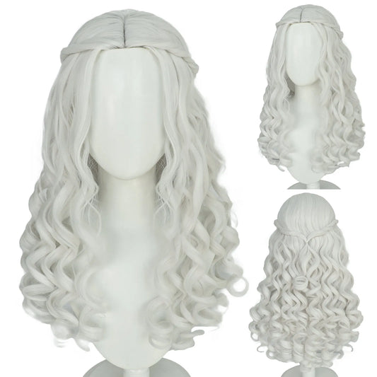 Synthetic Women Long Curly White Cosplay Wig Witch Queen Cosplay Party Wig for Halloween Christmas Party