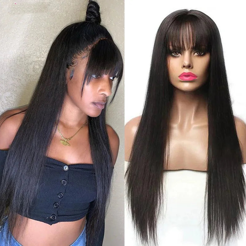 Straight Human Hair Wigs With Bangs 5x5 Hd Lace Closure Wig Fringe 13x4 Lace Frontal Glueless Wig Human Hair Ready To Wear Cheap