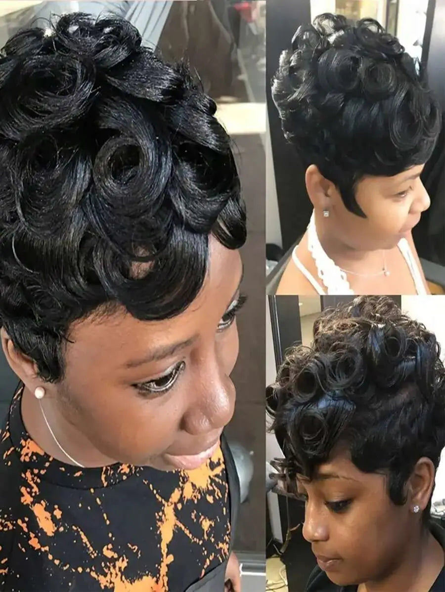 Pixie Cut Wigs 100% Human Hair Wigs Short Curly Pixie Cut Wigs Full Machine Made Wig Pixie Curly Black 1B Color For Black Women