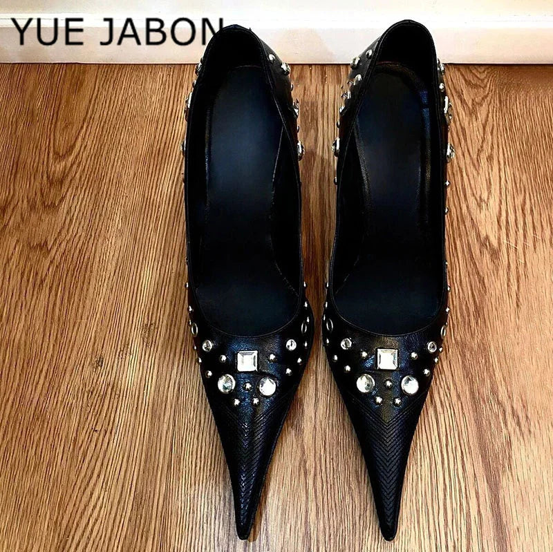 Sexy Leopard Print High Heels Women Black Pointed Toe Pumps Women Lace Up Elegant Designer Sandal Rhinestone Party Dress Shoes