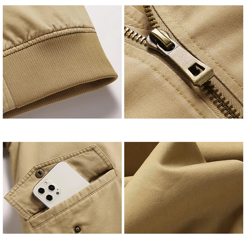 2024 New Spring Autumn Pure Cotton Outdoors Jacket Man Solid Simplicity Stand Collar Motion Tops Leisure Comfortable Man Coat