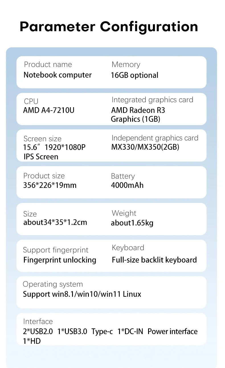 2025 Laptop Computer 15.6" AMD A4-7210U MX350 Notebook PC Portable IPS Display Fingerprint Backlit Gaming Laptops for Study Work