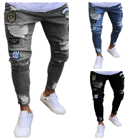 Mens Stretchy Ripped Skinny Embroidered Jeans Men's White Pants Destroyed Hole Slim Fit Denim High Quality Hip Hop Men trousers