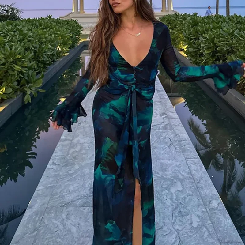 Show Style Floral Print Maxi Slim Dress Women Luxury Deep V-Neck Chiffon Party Dress 2025 Spring Elegant Long Sleeve Slit Dress