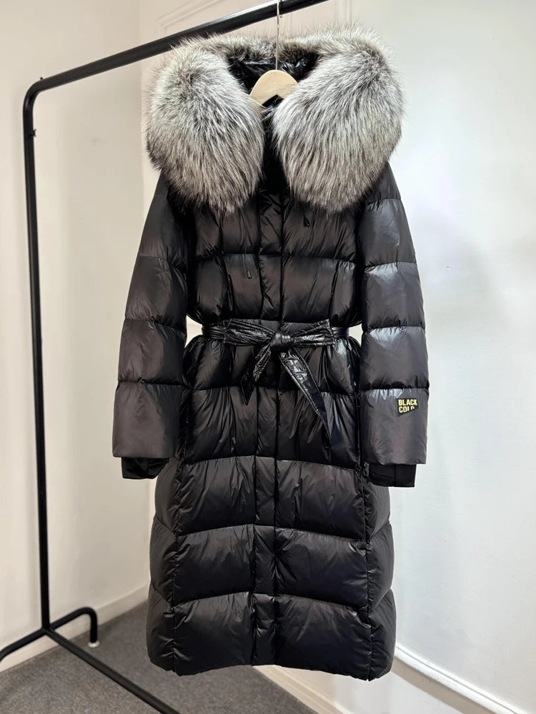 Janveny X-long Shiny Puffer Jacket Women Hooded Winter Thick Goose Down Coat Belt Large Natural Fox Fur Female Parkas Waterproof