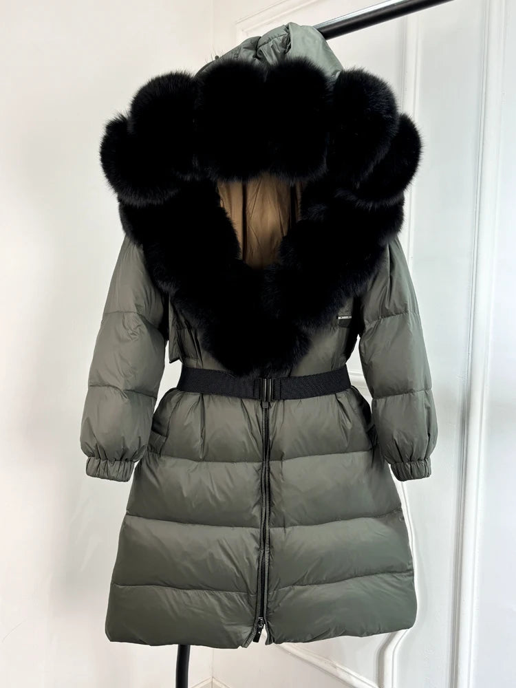 Lagabogy 2025 Winter Puffer Jacket Women Real Fox Fur Hooded Collar Thick Warm Long White Duck Down Coat Loose Luxury Outerwear