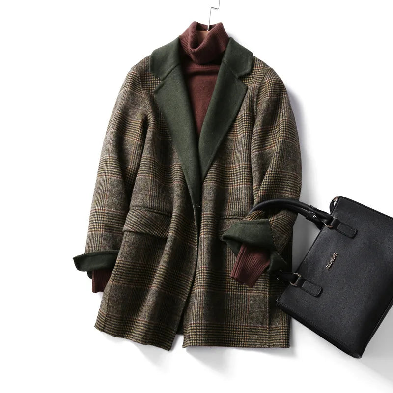 Handmade Sewn Double-sided Woolen Blazer Women Spring Autumn Plaid Wool Overcoat Office Lady Casual Suit Coat Thick Jacket