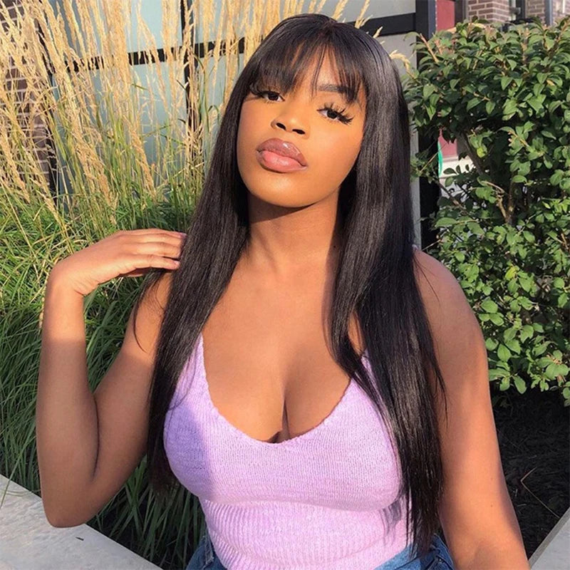 Straight Human Hair Wigs With Bangs 5x5 Hd Lace Closure Wig Fringe 13x4 Lace Frontal Glueless Wig Human Hair Ready To Wear Cheap