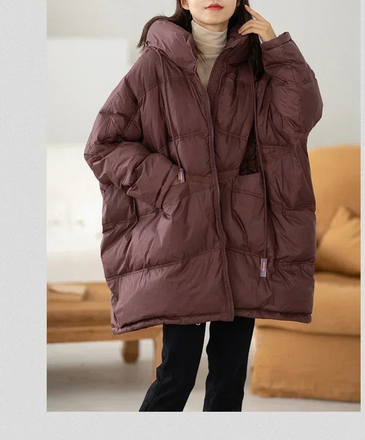 2024 New Winter Women 90% White Duck Down Jacket Casual Loose Over Size Warm Parka Female Drawstring Hooded Puffer Coat