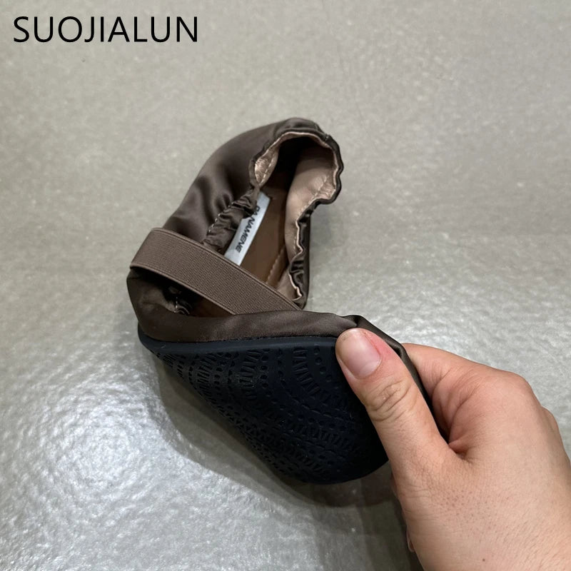 SUOJIALUN 2024 Autumn Women Flat Shoes Ladies Elegant Pleated Ladies Elegant Shallow Slip On Ballerinas Shoes Soft Flat Dress Bo