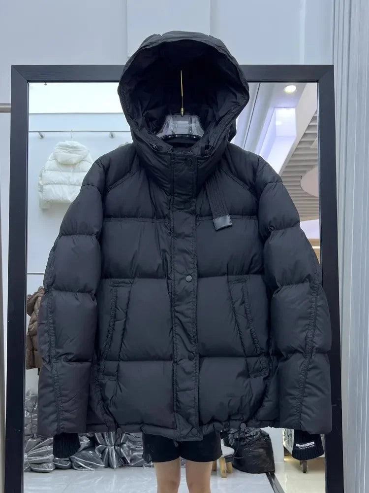 Schinteon Women White Duck Down Jacket with Hood Autumn Winter Warm Outwear Korean Style Over Size Loose Solid Color Coat 2025