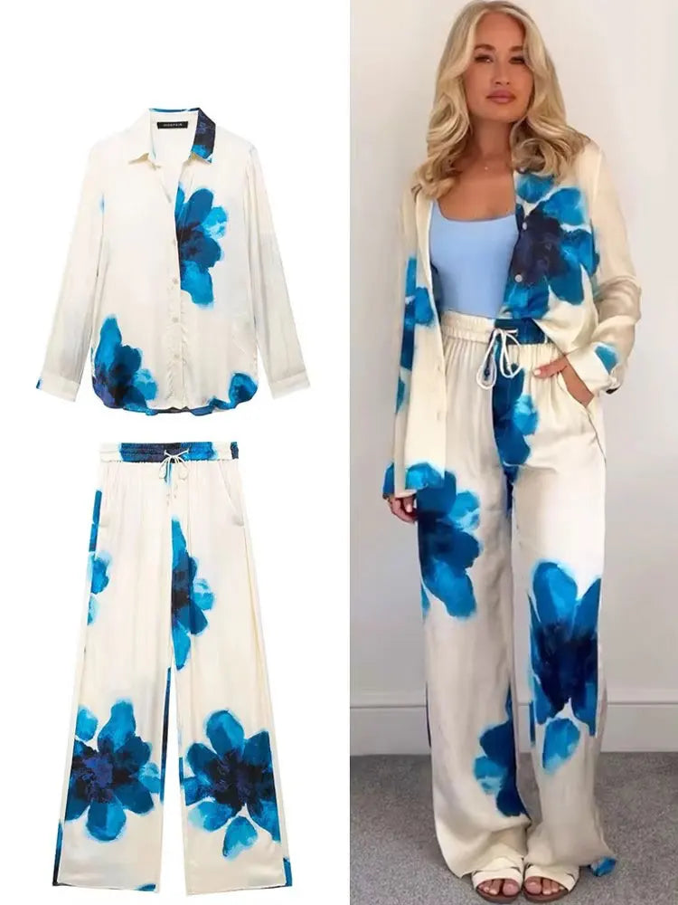 HH Women Fashion Floral Print Blouse Pant Sets Long Sleeve Lapel Shirt Drawstring Wide Leg Trousers Female Streetwear Suit