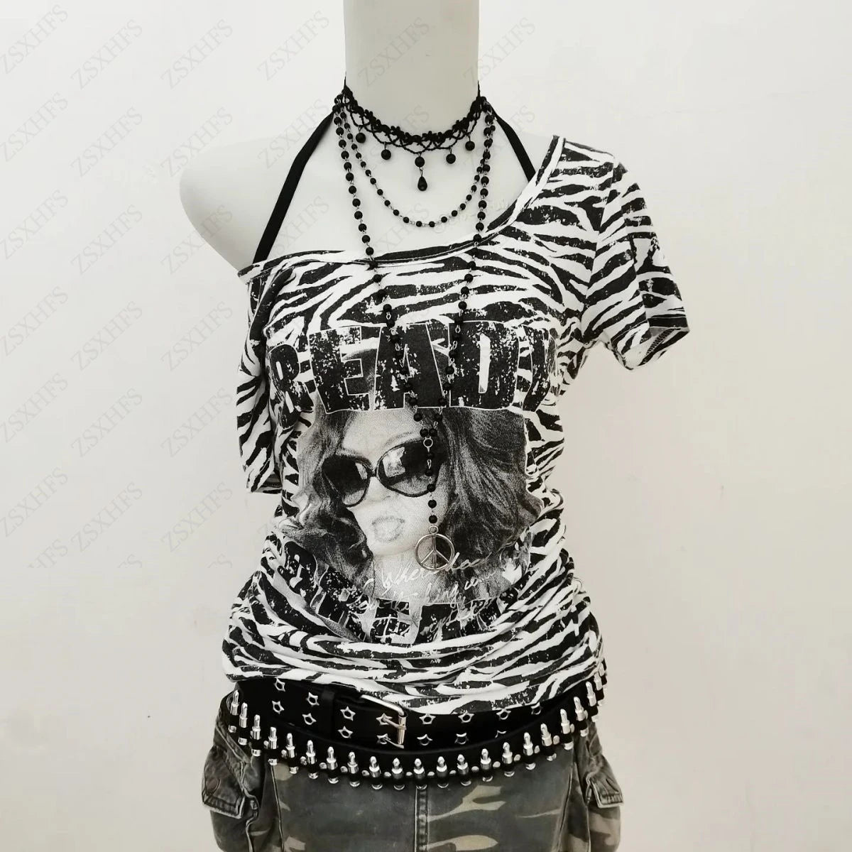 Gothic Grunge T Shirt Women Clothing Y2k Kpop Stripe Streetwear Halter Casual Harajuku Tops Punk Vintage Hip hop Emo Crop Top