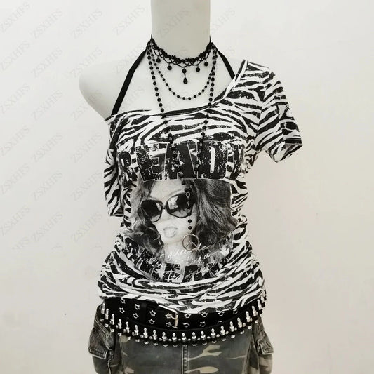 Gothic Grunge T Shirt Women Clothing Y2k Kpop Stripe Streetwear Halter Casual Harajuku Tops Punk Vintage Hip hop Emo Crop Top