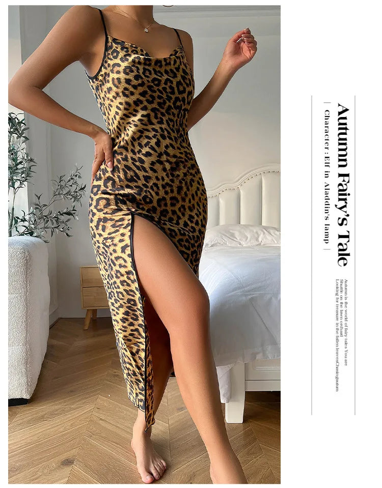 Fashion Backless Slit Ice Silk Camisole Skirt Nightgown Women's Summer Thin Breathable Imitation Silk Sexy Leopard Print Pajamas