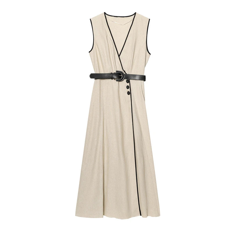 Y2K Patchwork V-neck Midi Dress With Belt Women Elegant Sleeveless Evening Party Tank Dress Summer Vacation Chic Beach Vestidos