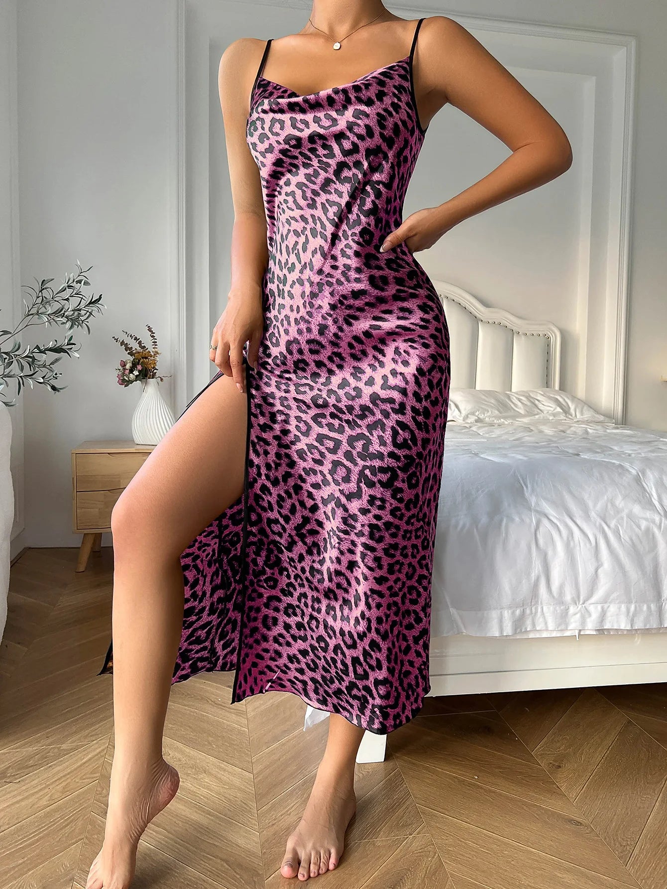 Fashion Backless Slit Ice Silk Camisole Skirt Nightgown Women's Summer Thin Breathable Imitation Silk Sexy Leopard Print Pajamas
